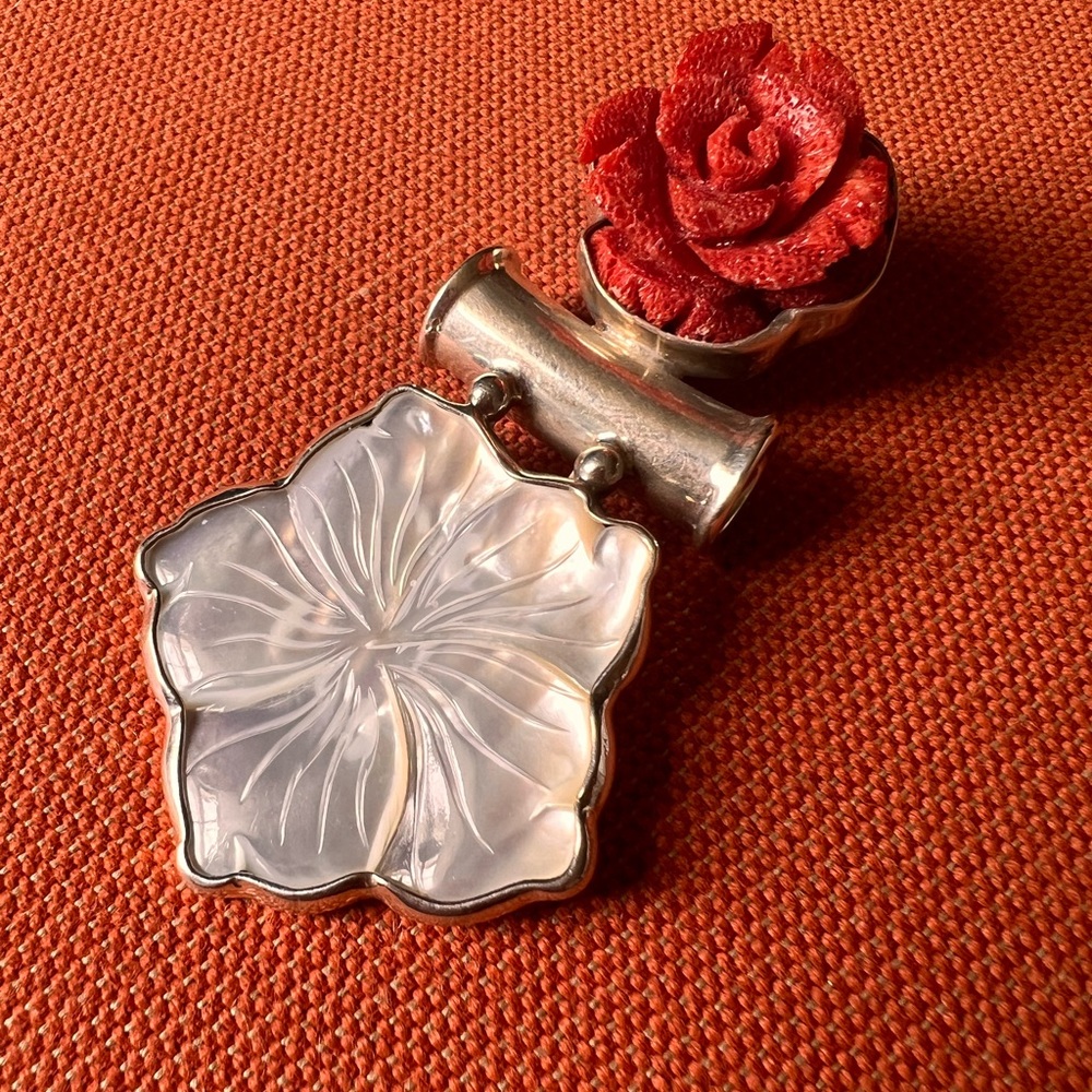 Jeff Kohnfelder Obsidian Sterling Silver Coral Rose and MOP Flower Pendant